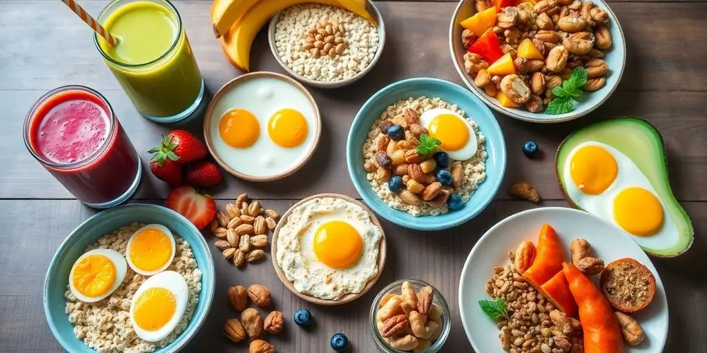  Desayuno fitness con huevos, frutas y batidos coloridos.