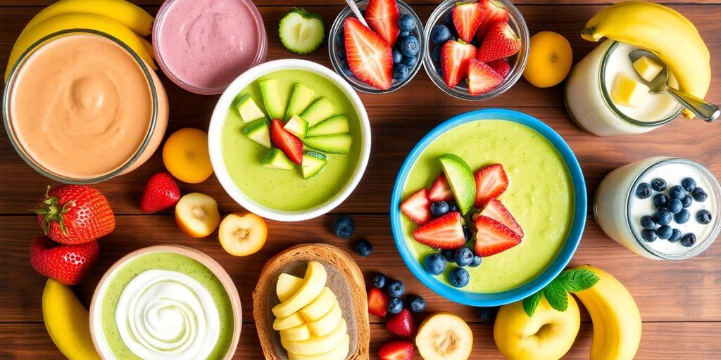 ALT Desayunos saludables y rápidos en una mesa de madera.