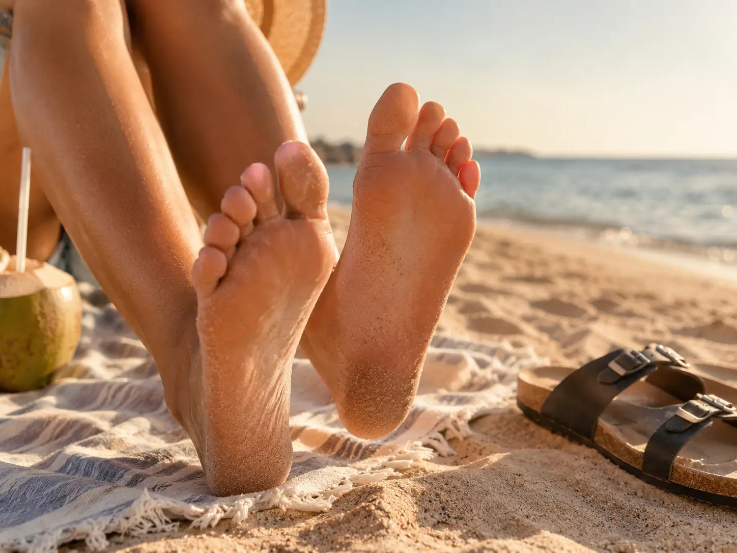 Relajación de pies en la playa al atardecer