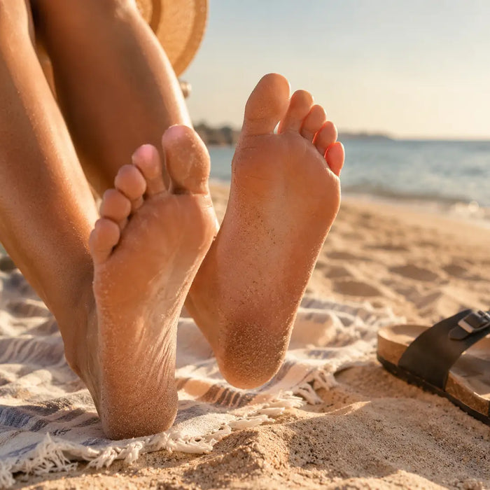 Relajación de pies en la playa al atardecer
