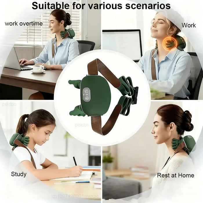 Masajeador cervical eléctrico para aliviar tensión en cuello y hombros en diferentes áreas de trabajo
