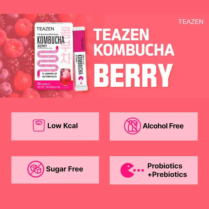 TEAZEN Kombucha Berry – Té fermentado coreano con probióticos, sin azúcar y bajo en calorías