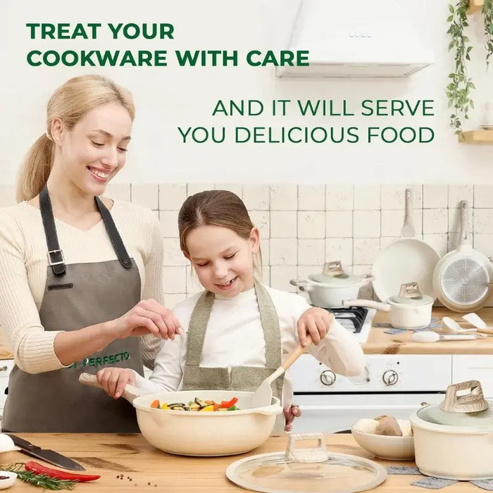 Batería de Cocina Granito 14 Piezas Just Perfecto – Beige Antiadherente con Tapas