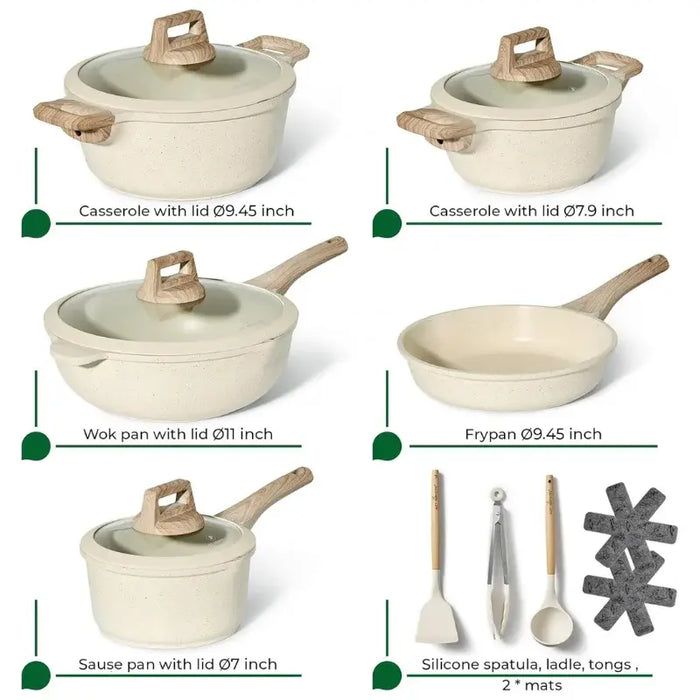 Batería de Cocina Granito 14 Piezas Just Perfecto – Beige Antiadherente con Tapas