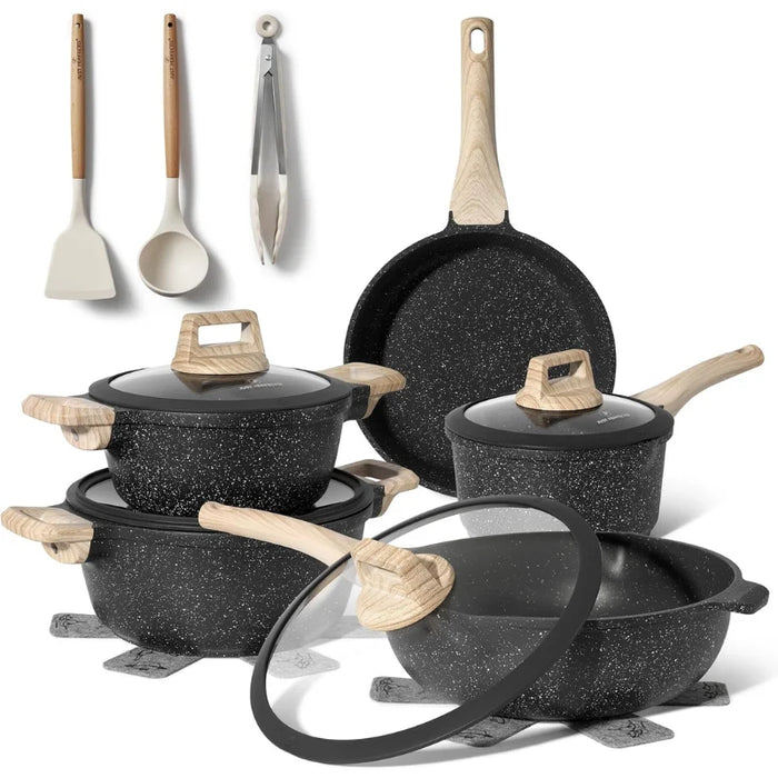 Batería de Cocina Granito 14 Piezas Just Perfecto – Negro Antiadherente con Tapas