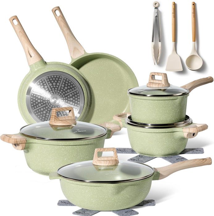 Batería de Cocina Granito 15 Piezas Just Perfecto – Verde con Tapas y Utensilios
