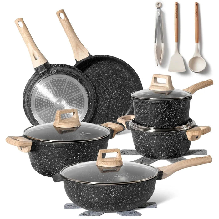 Batería de Cocina Granito 15 Piezas Just Perfecto – Negro con Tapas y Utensilios